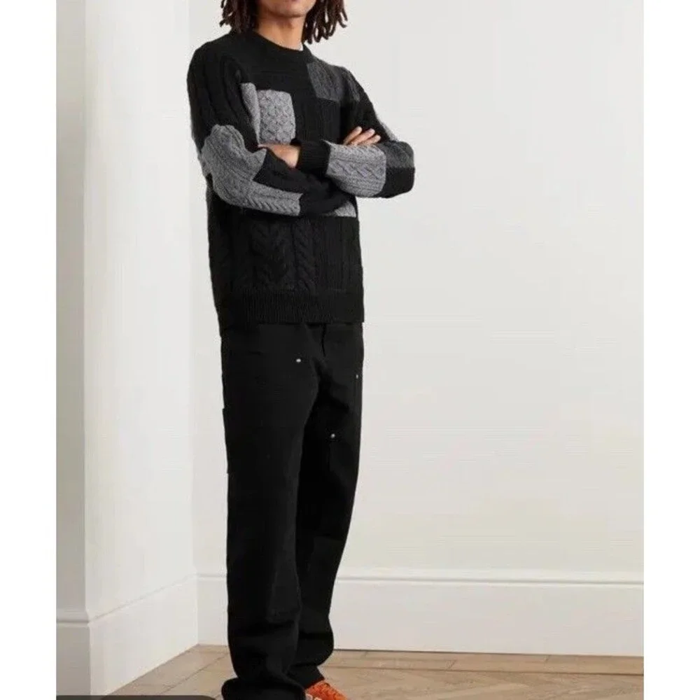J. CREW Men's Patchwork Cable-Knit Sweater Black Gray  Wool-Cashmere Size Small
